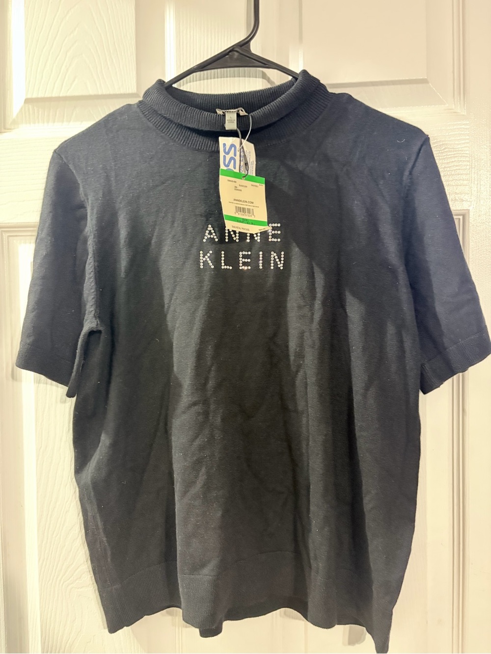 Anne Klein NWT Black Rhinestone Logo Short Sleeve Sweater L $89